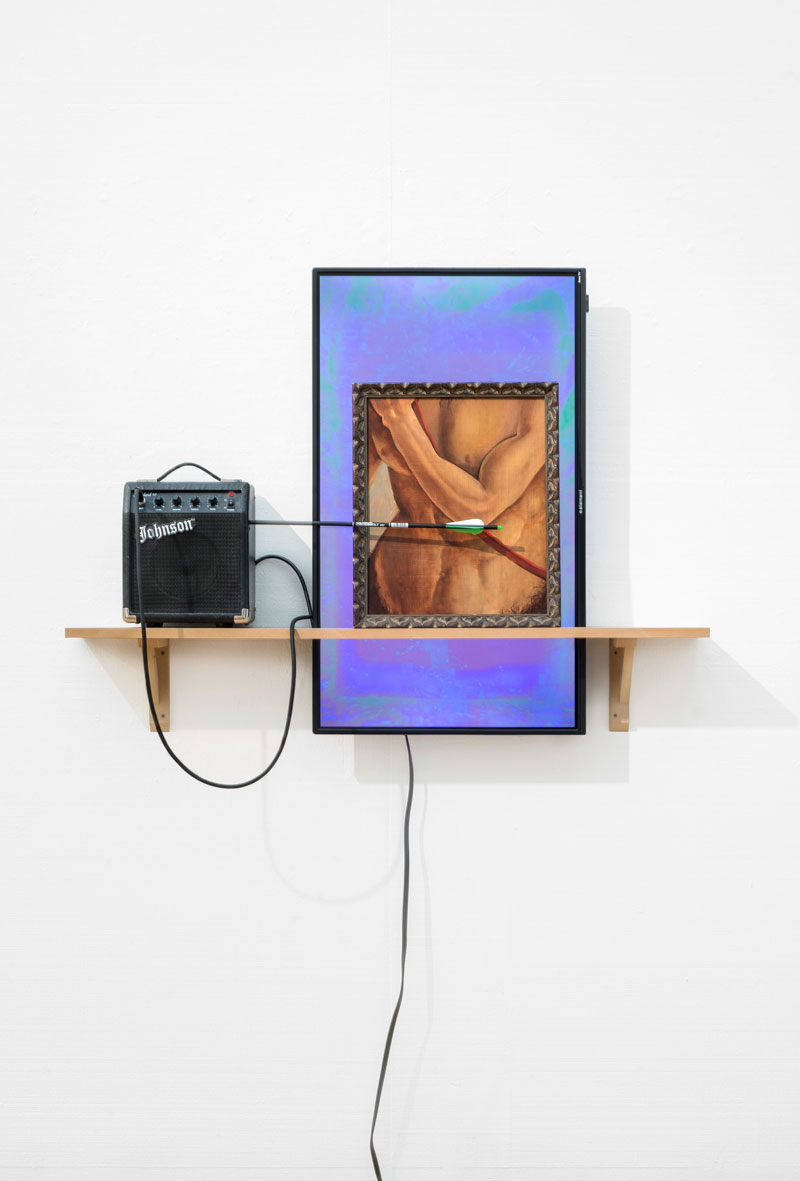  Centaurs  (after Sandro Botticelli), 2019 oil on panel in found frame, television, guitar amplifier, arrow, wooden shelf, cords, cables, media player, video, audio  of ambient guitar performance 49” x 37” x 11”
